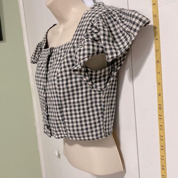 URBAN OUTFITTERS Rita Gingham Flutter Sleeve Button Cropped Top Womens Large - Picture 6 of 14